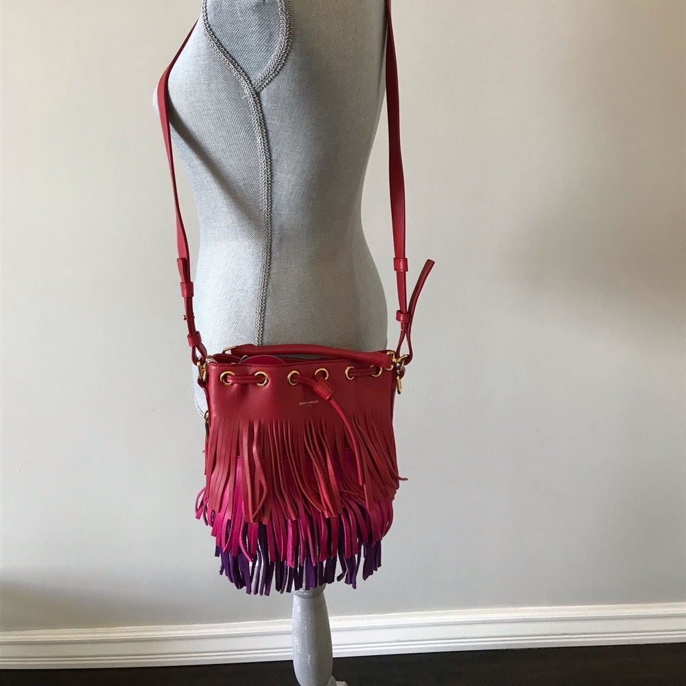 YSL-Red Tricolor Emmanuelle Fringe Bucket Bag